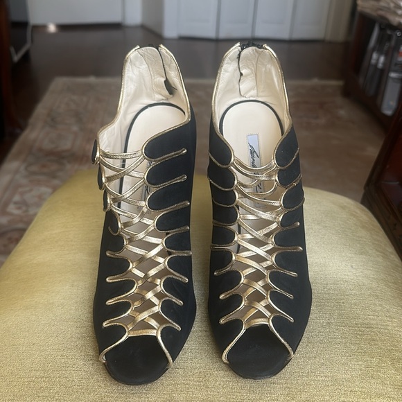 Brian Atwood Naiya Black and Gold Silk Crepe Peep-Toe High-Heel Bootie Size EU42 - Picture 7 of 16